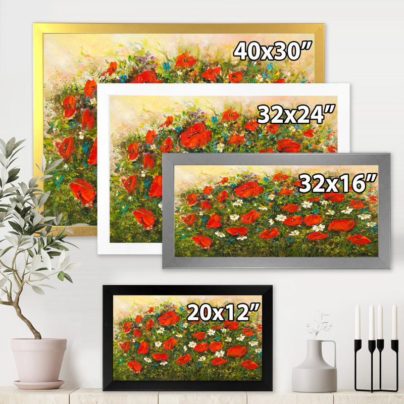 " Red Wildflowers In The Fields " Painting Print, White Framed Canvas, 30" H x 40" W x 1.5" D