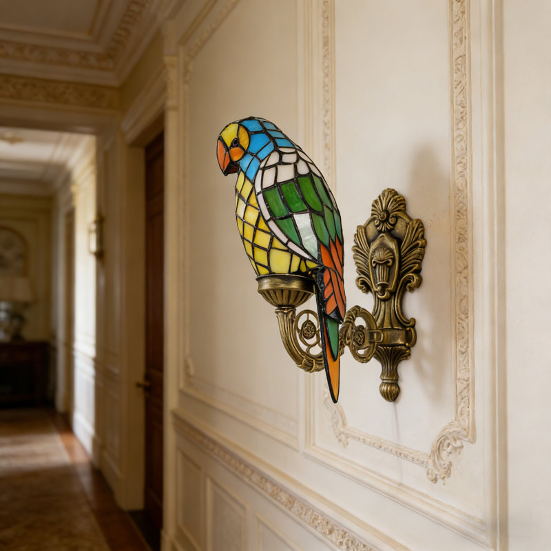 10.3"h Parrot Stained Glass Wall Sconce, Antique Bronze Iron Frame, E26 Warm Bulb Included