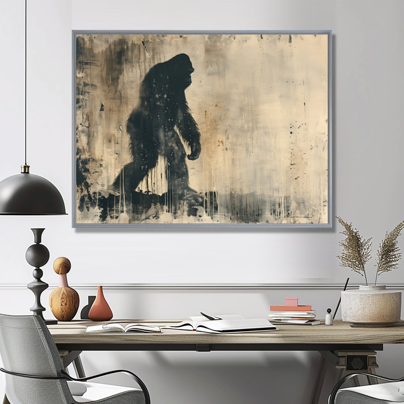 «Black Beige Shadow Silhouette Bigfoot», impression d'art mural Bigfoot, Toile argentée avec cadre flottant