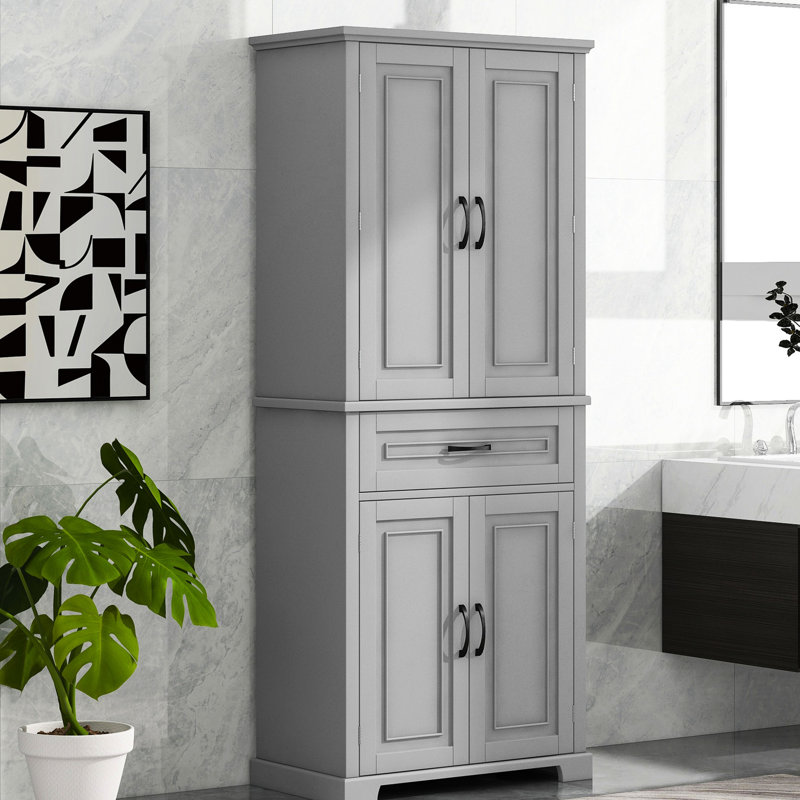 Armoire de rangement grise pour salle de bain - 4 portes, 1 tiroir, poignées en métal faciles à installer, plusieurs compartiments