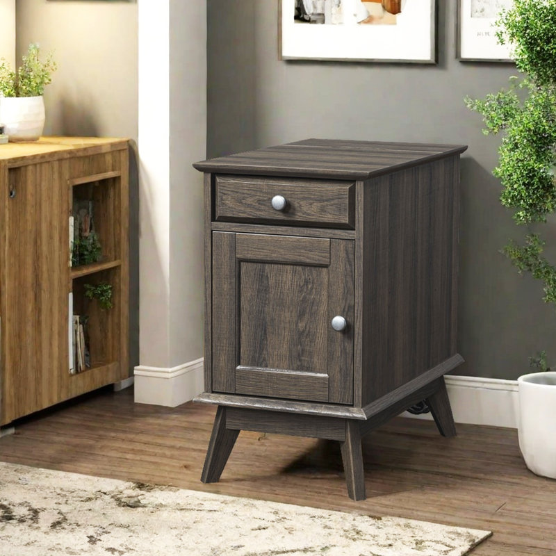 Alingtons 24.4" End Table - Storage Nightstand with Built-In Outlets, Smoke Oak