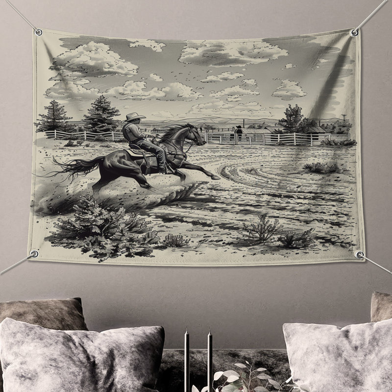 Tapisserie murale Cowboy - décoration murale Western, H 68 po x l 80 po avec 4 œillets