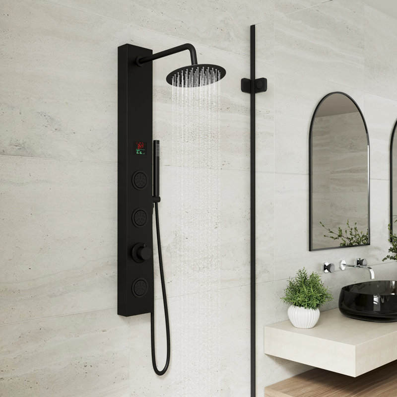 Système de panneau de douche 72 po avec affichage numérique, pluie, jets de corps et douchette, tour de douche spa