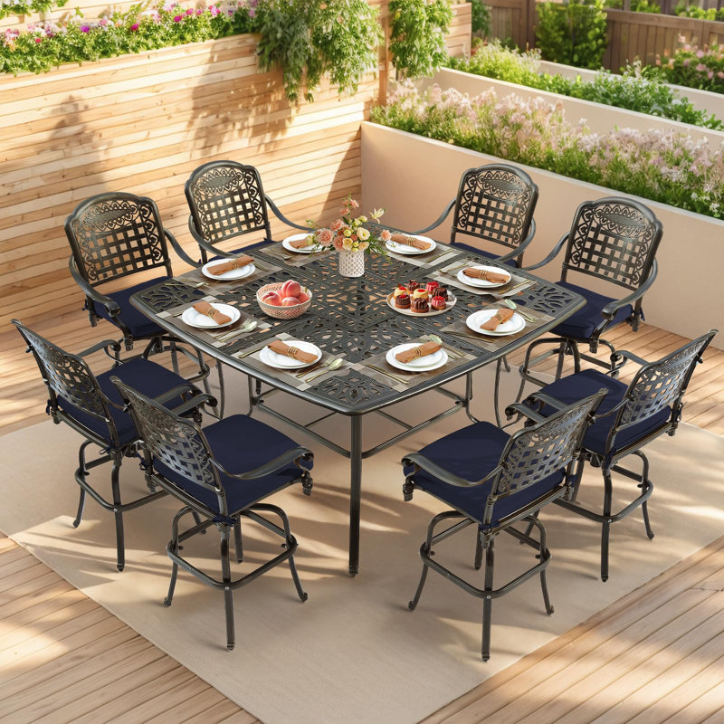 9-Piece Outdoor High Patio Dining Set, Free-Rust Cast Aluminum Patio Bar Table And Chairs Set With 8 Swivel Bar Stools & 63.98" Bar Height Dining Table, Umbrella Hole For Backyard, Lawn, Garden
