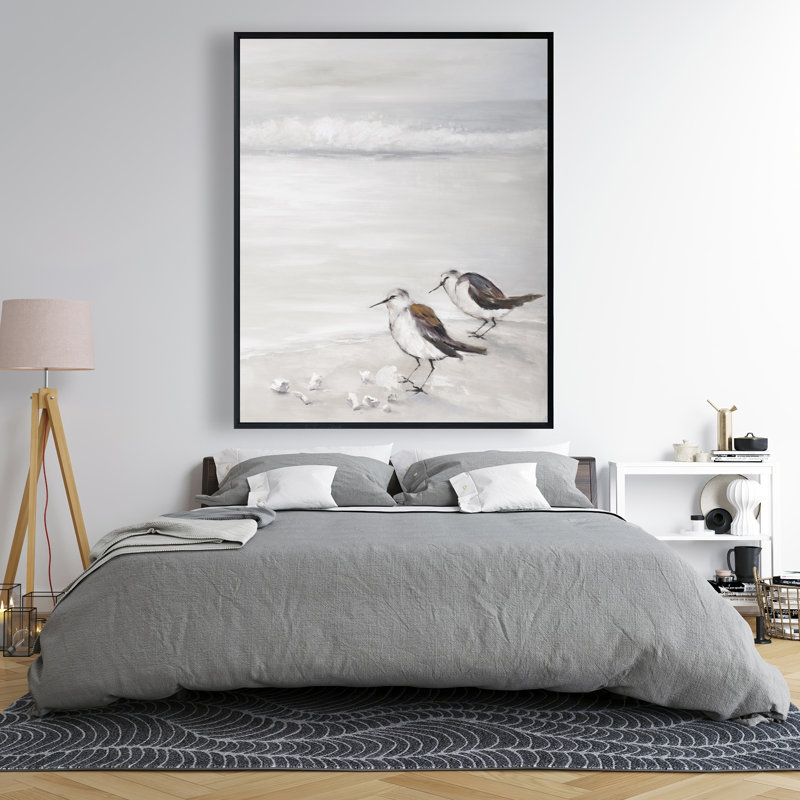 Deux oiseaux bécasseaux - décor de toile encadrée beige marine, H 61,25 po x l 49,25 po