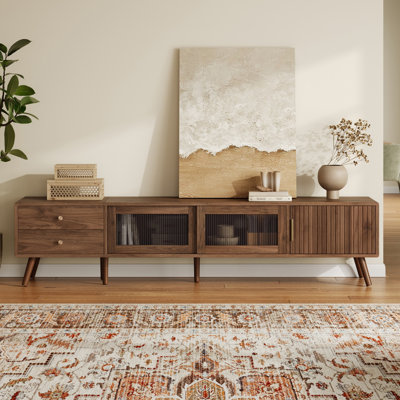 76" Modern Minimal Glass-Doors TV Stand for TVs up to 85 Inches, Wood- Entertainment Centre with Storage Cabinets, TV Media Console Table for Living Room, Bedroom