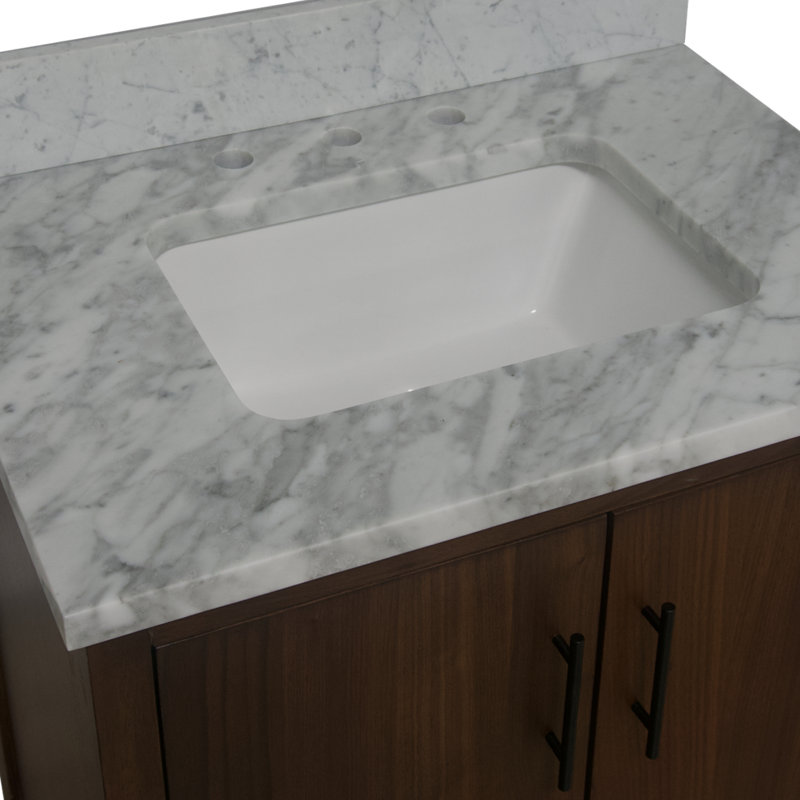 Kiara 30'' Single Bathroom Vanity with Top, Carrara Marble, Walnut Veneer