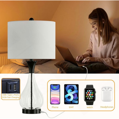 Farmhouse Glass Table Lamp for Living Room, 3 Way Dimmable Black Bedside Lamp with USB A+C Charging Ports, 26" Tall Glass Bedroom Lamp for Nightstand End Table