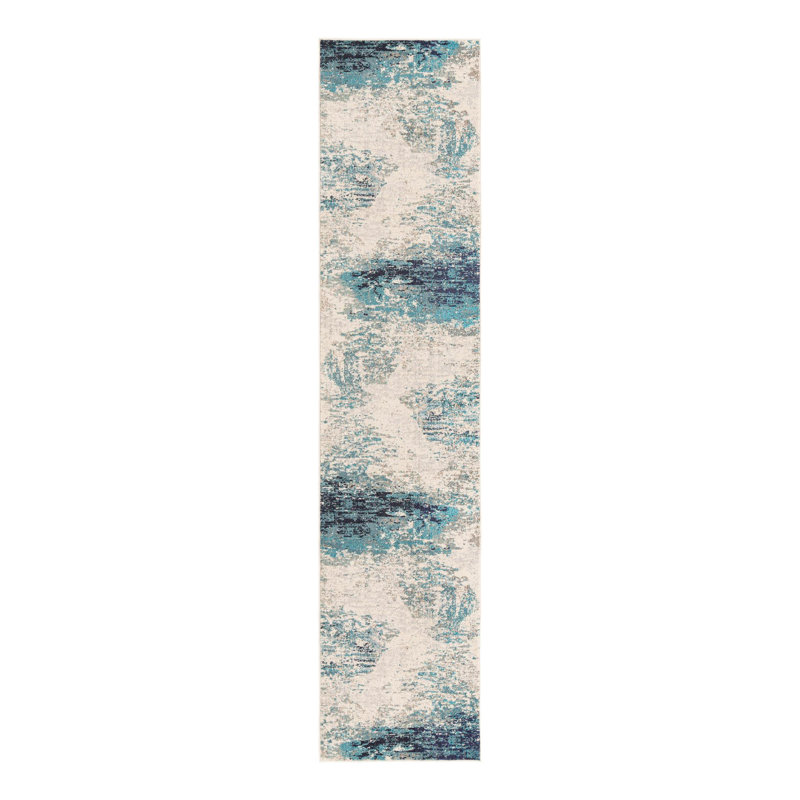 Abstract Beige/Blue Area Rug, Runner 2' x 8'