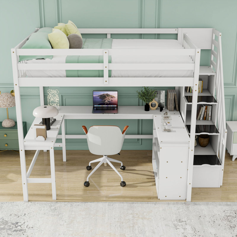 Lit mezzanine double avec bureau en L, tablettes et escalier de rangement, Blanc
