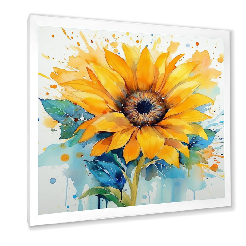 Jaune, bleu, doré, tournesols III, H 36 po x l 36 po x P 1,5 po, Cadre photo blanc
