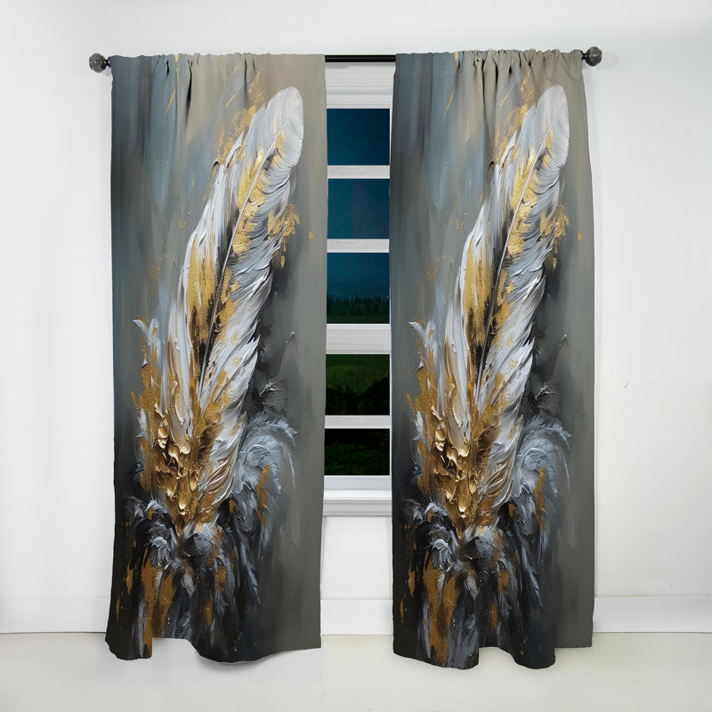 Gold Boho Chic Feathers IV - Modern Velvet Curtain - Room Darkening - 1 panel, 52" W x 84" L