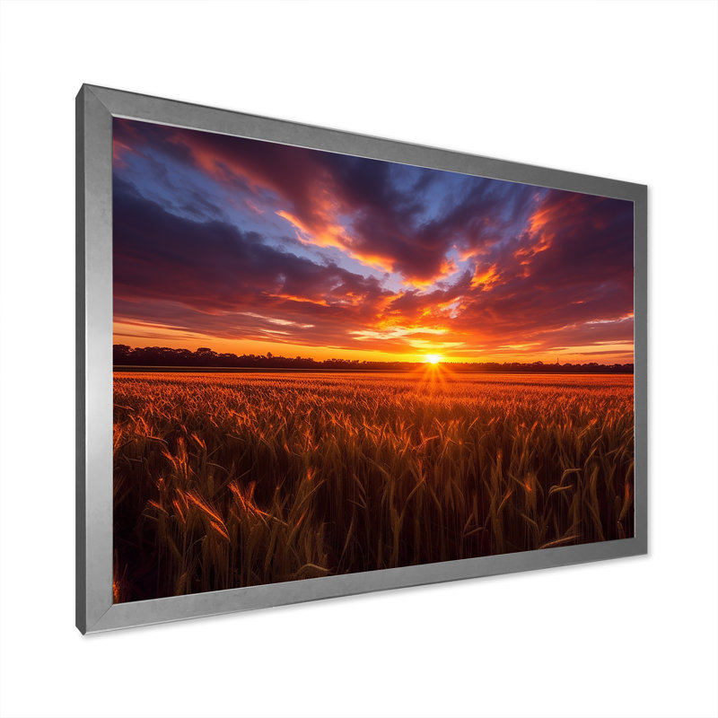 «Glorious Sunset Over Flanders Wheat Fields I», reproduction sur toile, H 30 po x l 40 po x P 1,5 po, Cadre simple argenté