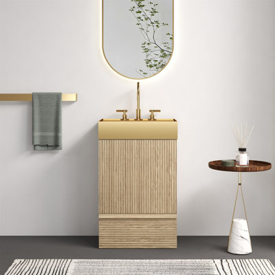 Meuble-lavabo rayé en chêne clair 20 po avec lavabo intégré en métal brossé doré Gada