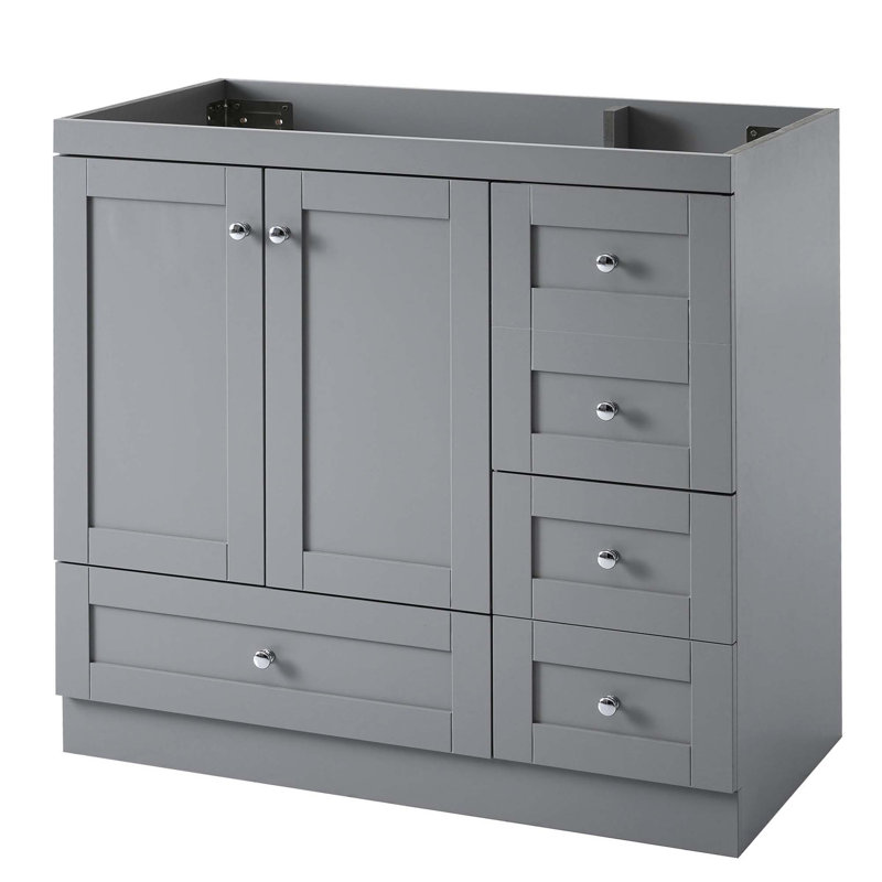 Ce meuble-lavabo de 36 po avec 4 tiroirs et deux solutions de rangement spacieuses comprend 3 tailles de tiroir différentes et des tiroirs à fermeture en douceur pour plus de commodité (lavabo non inclus)