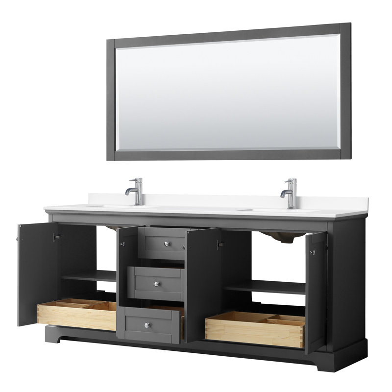 Ensemble de meuble-lavabo double 80 po Avery, Gris foncé, Marbre de culture blanc, Chrome poli