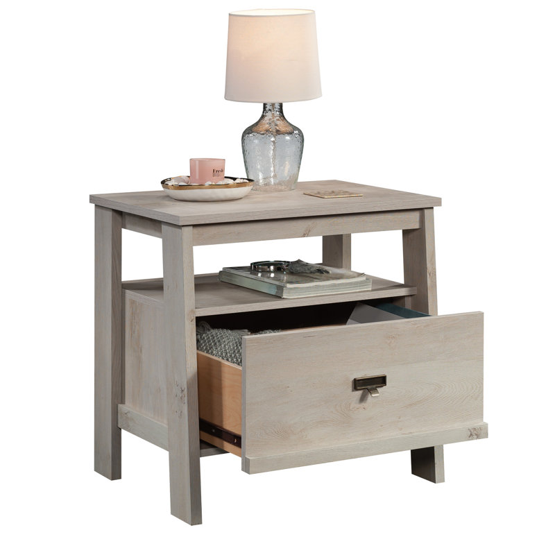 Table de chevet rectangulaire brune avec 1 tiroir, amplement d'espace pour les lampes, rangement polyvalent, bois d'ingénierie, chambre à coucher compacte, support de finition tous les côtés, décor de chambre à coucher de tiroir, finition coulissante lisse,