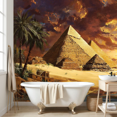 Wall Mural Peel and Stick Wallpaper Ancient Egypt Secrets Pyramid Sphinx Egyptian Pyramids Palm Trees Desert Sand Sunset Sky Painting Vivid Coloration Self-Adhesive Removable  Contact Paper Wall Decor for Living Room Bedroom 100"H x 144"W