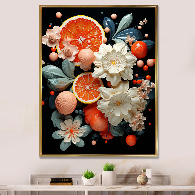 «Funky Foliage Vibrant Flowers On», reproduction sur toile encadrée, Cadre flottant doré, H 44 po x l 34 po x P 1,5 po