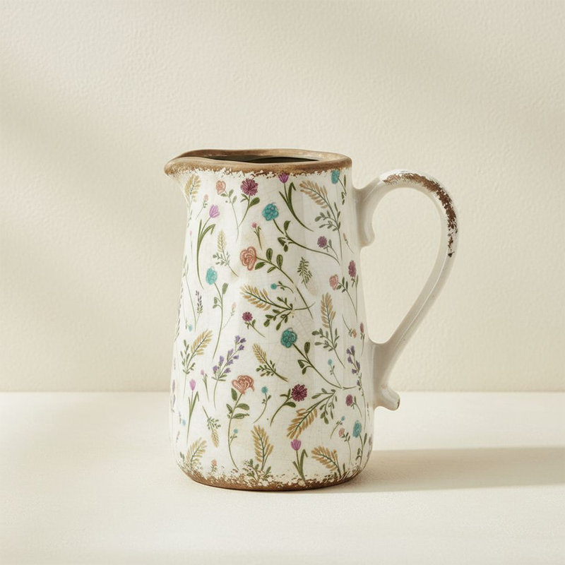 Vintage French Floral Ceramic Pitcher Vase for Flowers