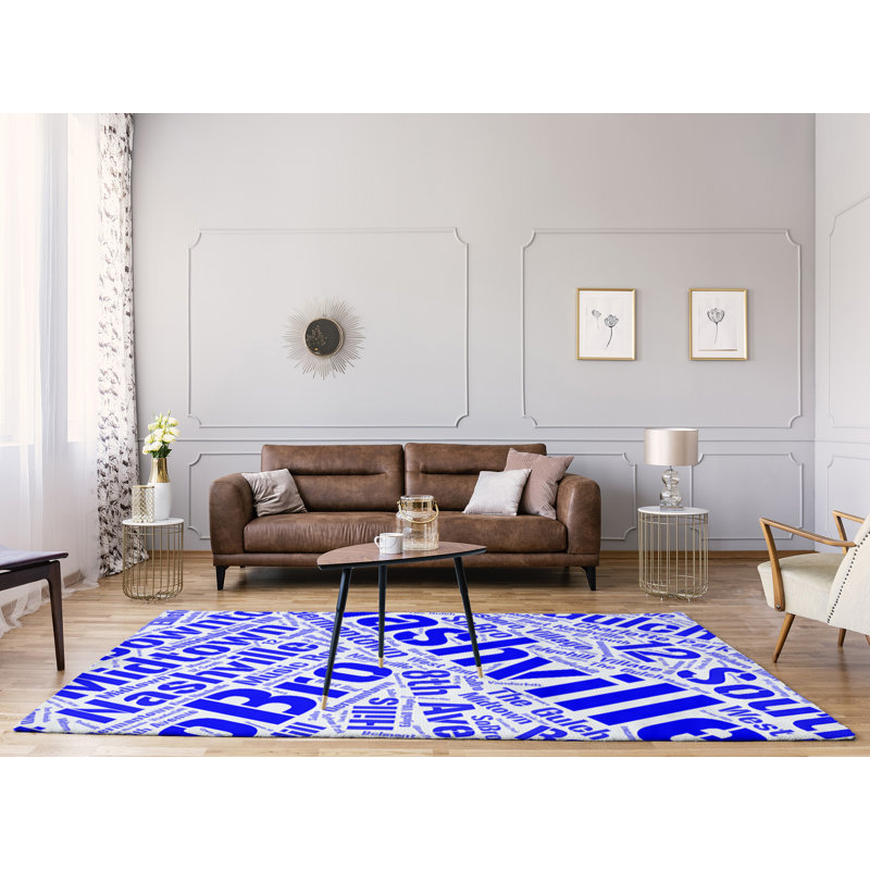 Tapis bleu de à tissage plat rand cites city barhood districts, Rectangle 9 pi x 12 pi
