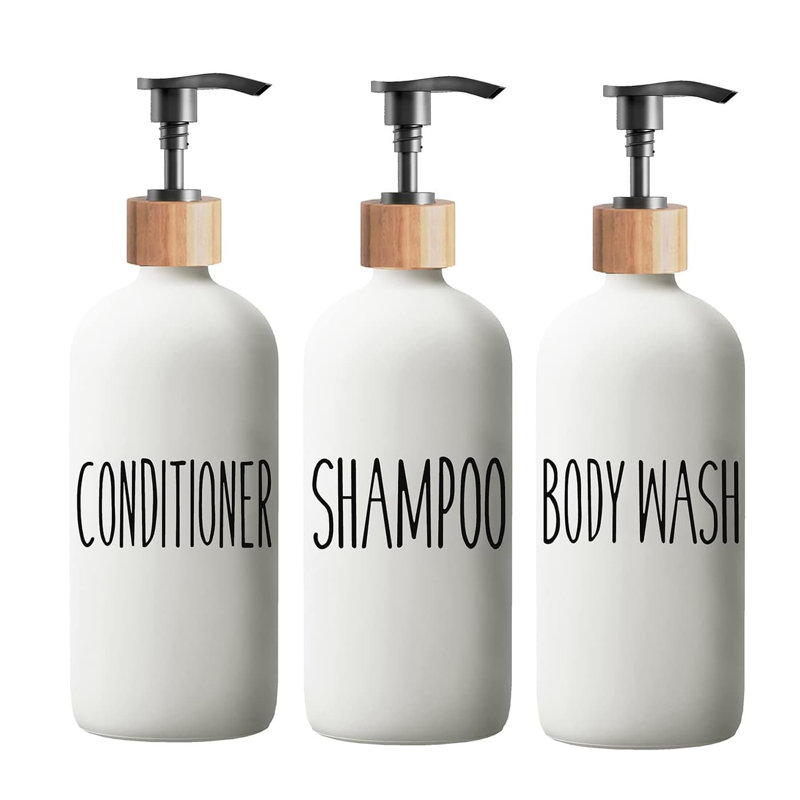 Shampoo/Conditioner Dispenser Set | Glass Refillable Bottles with Easy-Read Labels | for Body Wash & Shower, White