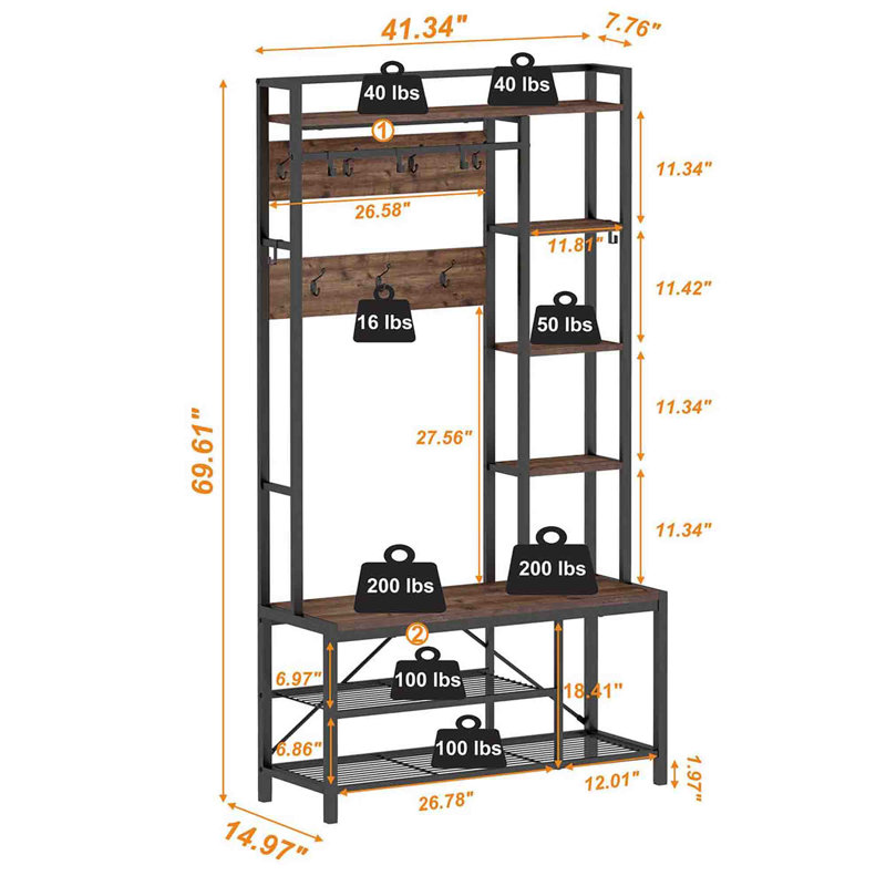 Arbre d'entrée de 41,34 po de largeur avec banc et rangement pour chaussures, Chêne rustique