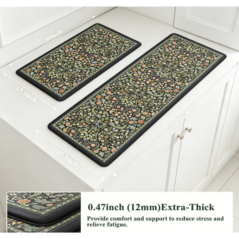 Tapis de cuisine pour cuisine, paquet de 2, floral rétro antidérapant, Noir