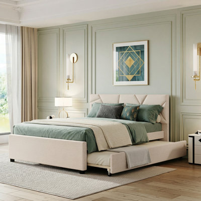 This Queen-Size Upholstered Platform Bed Features A Beige Linen Fabric That Is Skin-Friendly, Breathable, And Has A Soft, Luxurious Feel, Creating A Warm And Comfortable Bedroom Space For Relaxation.