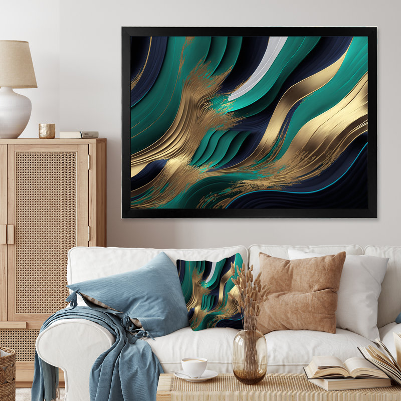 Agate verte et dorée I - peinture sur toile, Impression noire sur toile encadrée, H 16 po x l 32 po x P 1 po