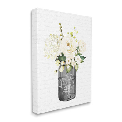 «White Flower Blossoms Laundry Pot Fancy Script» par Lettrage et doublure - reproduction sur toile