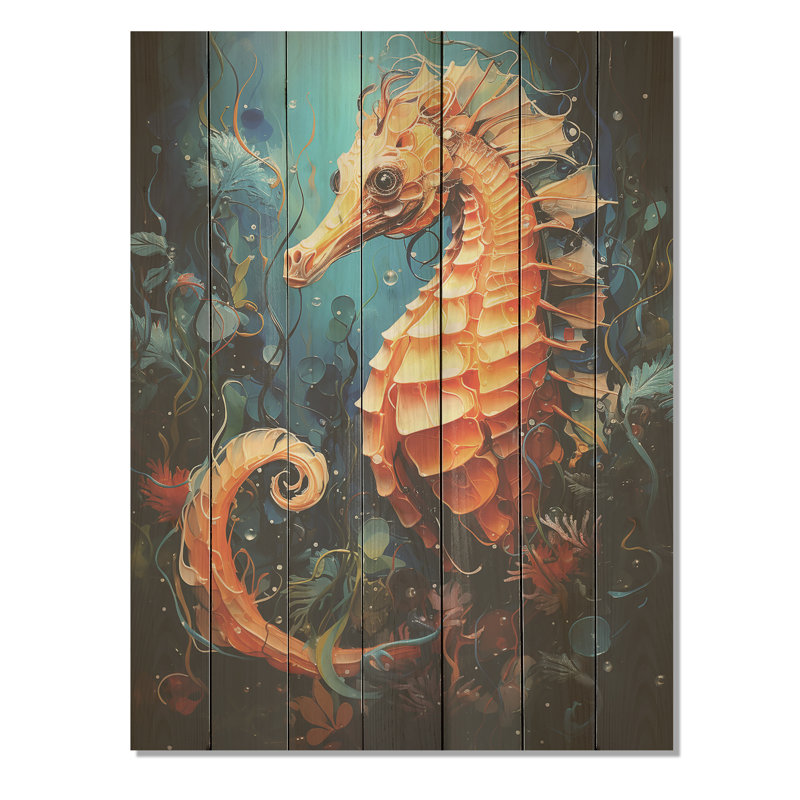 Orange et bleu, hippocampe symphonie II - Hippocampe, impression sur bois, H 20 po x l 10 po