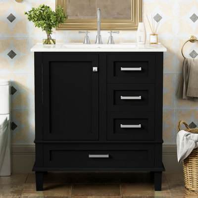 Meuble-lavabo de salle de bain moderne de 30 po, cadre en bois massif noir +, comptoir en céramique, 3 tiroirs et porte pour magnifique armoire de rangement noire avec cadre, panneaux, fermeture en douceur