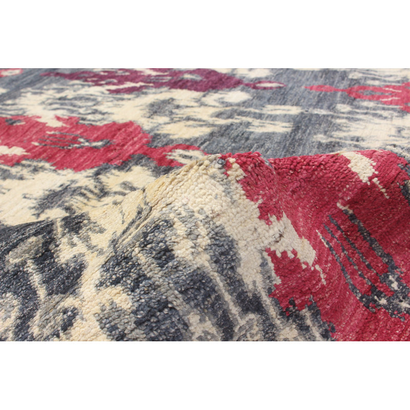 Tapis unique en laine noué à la main style Mogul des années 2010 crème / gris / rose 6 pi 1 po x 9 pi 2 po Archie-Jack