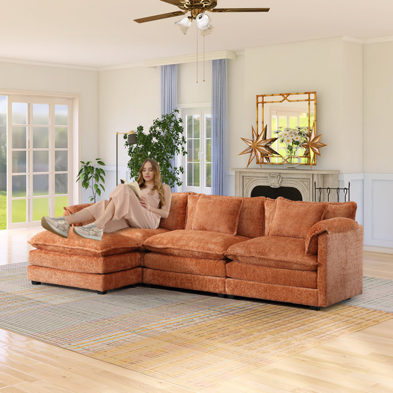 Eugenijus 112.2"W Modular Boucle Sectional, Orange Boucle