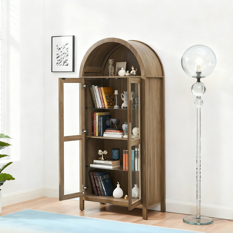 armoire de rangement moderne en bois de style rétro avec cloisons réglables en verre, Brun