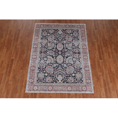 Tapis bleu marine en laine noué à la main de conception unique 5 pi x 6 pi 10 po New Age