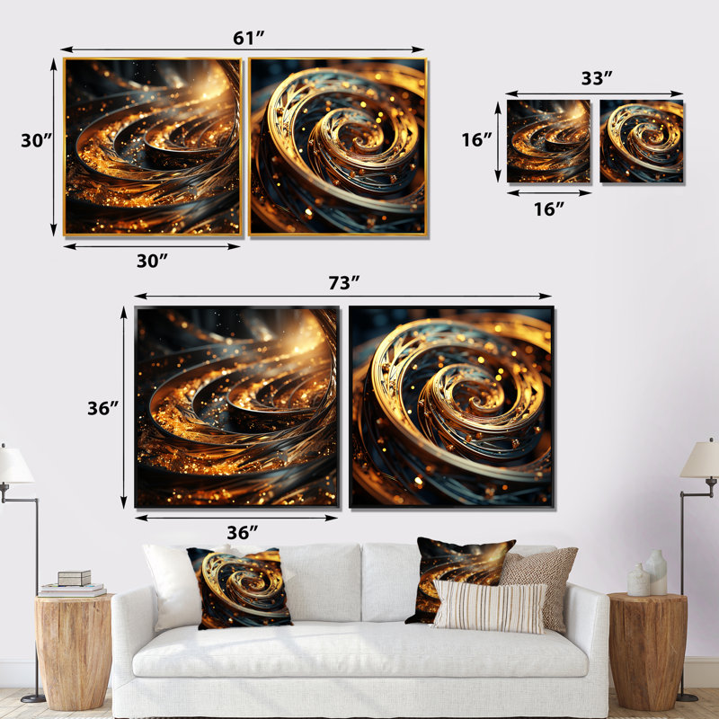 Bright Gold Black Spiral I - Abstract Spirals, ensemble de 2 reproductions d'art mural, Toile tendue