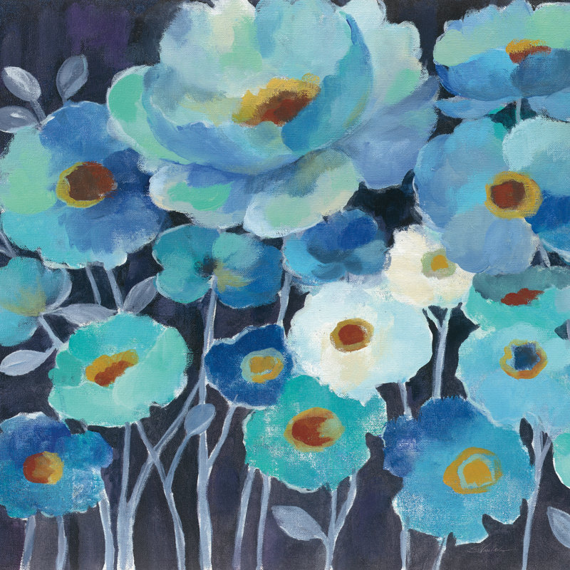 Fleurs indigo II par Silvia Vassileva - Peinture, H 12 po x l 12 po, Cadre simple noir, Non