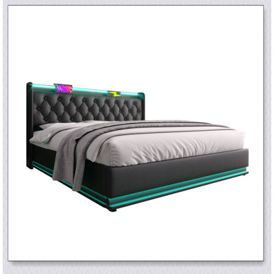 Upholstered bed, 360 surround LED function, Buttons/Apps/Remote Control, hydraulic storage bed