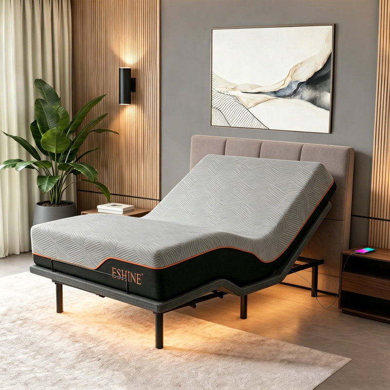 Lit réglable avec matelas de 14 po, massage, télécommande sans fil, contrôle des applications, gravité zéro, éclairage sous le lit, ports USB et de type C des deux côtés