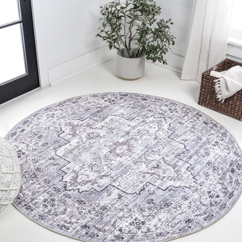 Didim Boho Medallion Machine-Washable Gray/Purple Rug, Round 7'10"