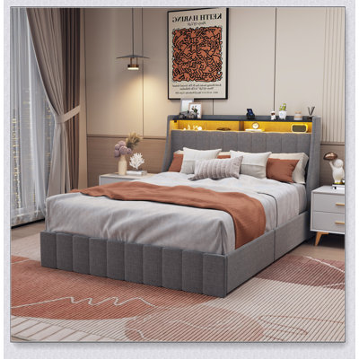 Bed Frame With LED, Wings Headboard Design