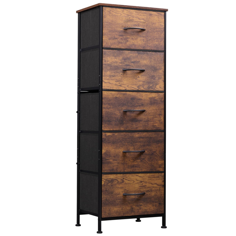 Fabric Dresser, 5-Drawer Tall Dresser for Bedroom, Storage Dresser Organizer with Fabric Bins, Wood Top, Sturdy Steel Frame, Chest of Drawers for Closet, Hallway