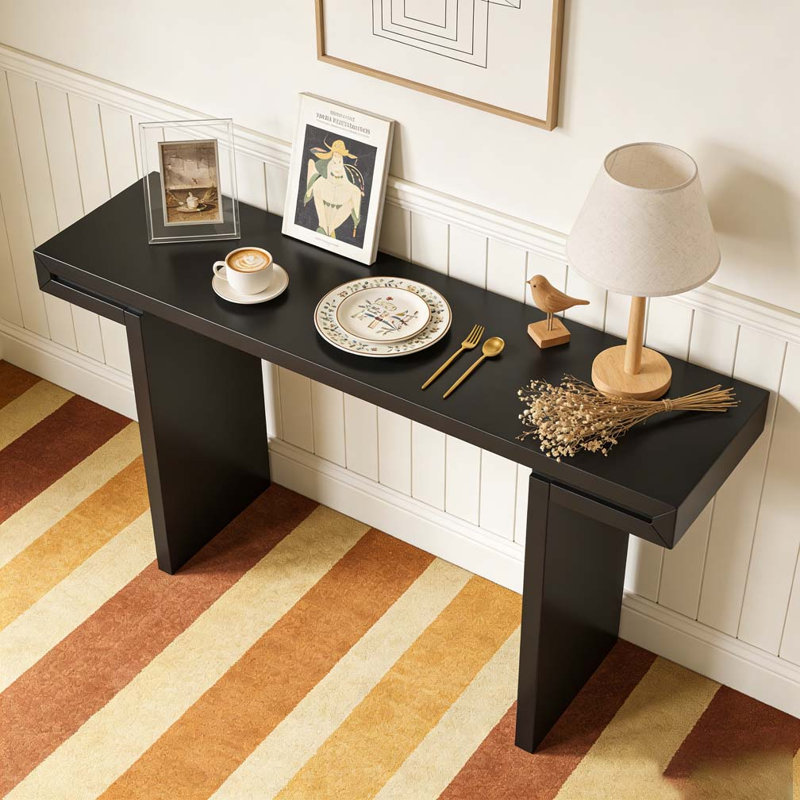 60-Inch Console Table with Geometric Clean Lines Design, Black