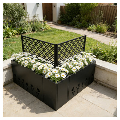 Metal Planter and Trellis Combo Set of 3 - Black Iron Raised Garden Bed with Climbing Support