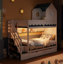 Lit superposé simple au-dessus de simple avec toit en forme de maison et escalier de rangement, cadre de lit en bois avec 2 tiroirs sous le lit, tablettes, DEL, blanc