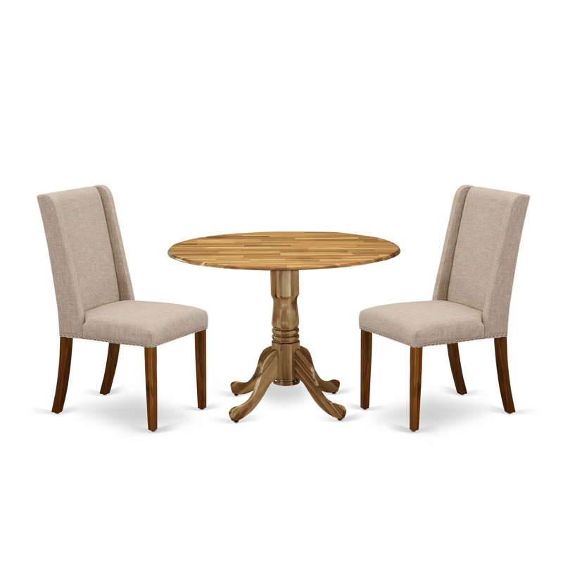 L'ensemble de table de salle à manger 3 pièces contient une table de salle à manger ronde avec Dropleaf et 2 chaises rembourrées en tissu de lin brun clair naturel