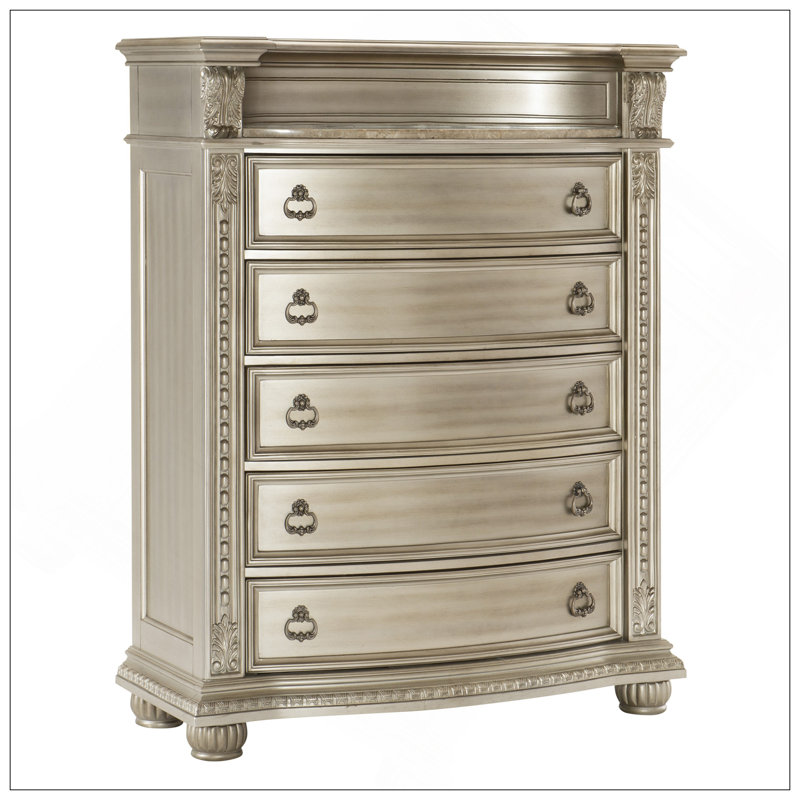 Meuble de rangement de luxe à finition argentée 1 pièce avec 5 tiroirs en marbre véritable de style européen