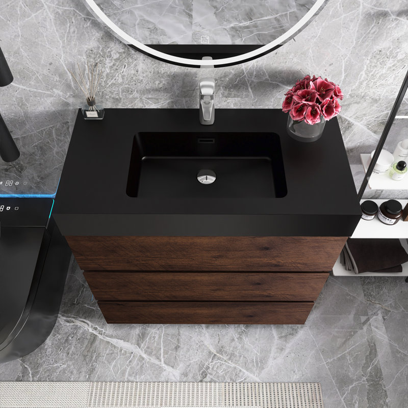Angelinna 36" Freestanding Single Bathroom Vanity with Top, Walnut, Black